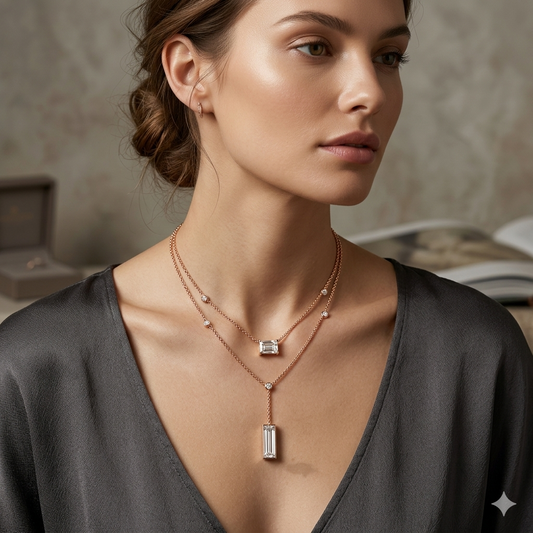Layer Radiant & Baguette Drop Necklace