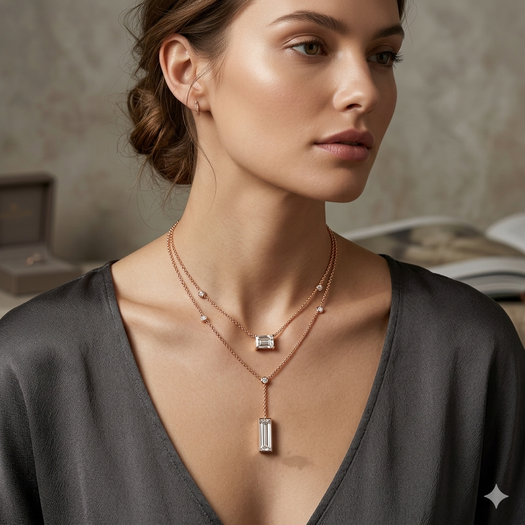 Layer Radiant & Baguette Drop Necklace